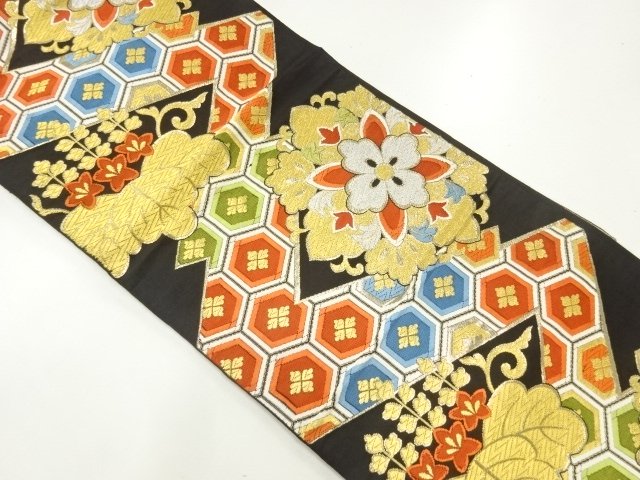 JAPANESE KIMONO / ANTIQUE FUKURO OBI / SILK / WOVEN FLORAL CREST & KIKKO